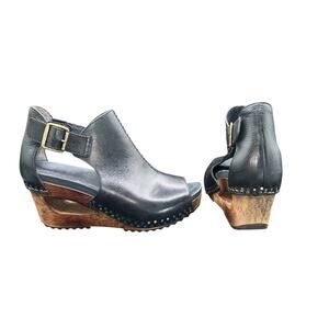 Dansko Marlow Black Leather Peep Toe Wedge Sandals Size 38 (US 7.5–8)